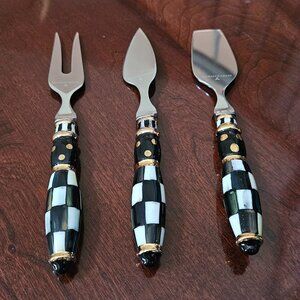 3 MACKENZIE CHILDS COURTNEY CHECK BLACK TIE CERAMIC CHEESE CHARCUTERIE KNIFE SET